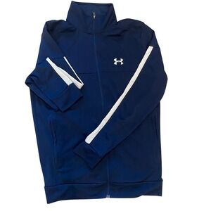 Under Armour Mens Full Zip Track Jacket Navy‎ Blue White Stripe Athletic